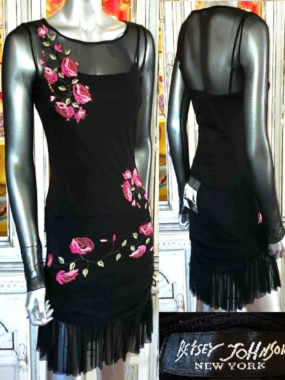 Vintage Betsey Johnson Floral Velvet New York 90s Black Mesh Dress Top Skirt Set